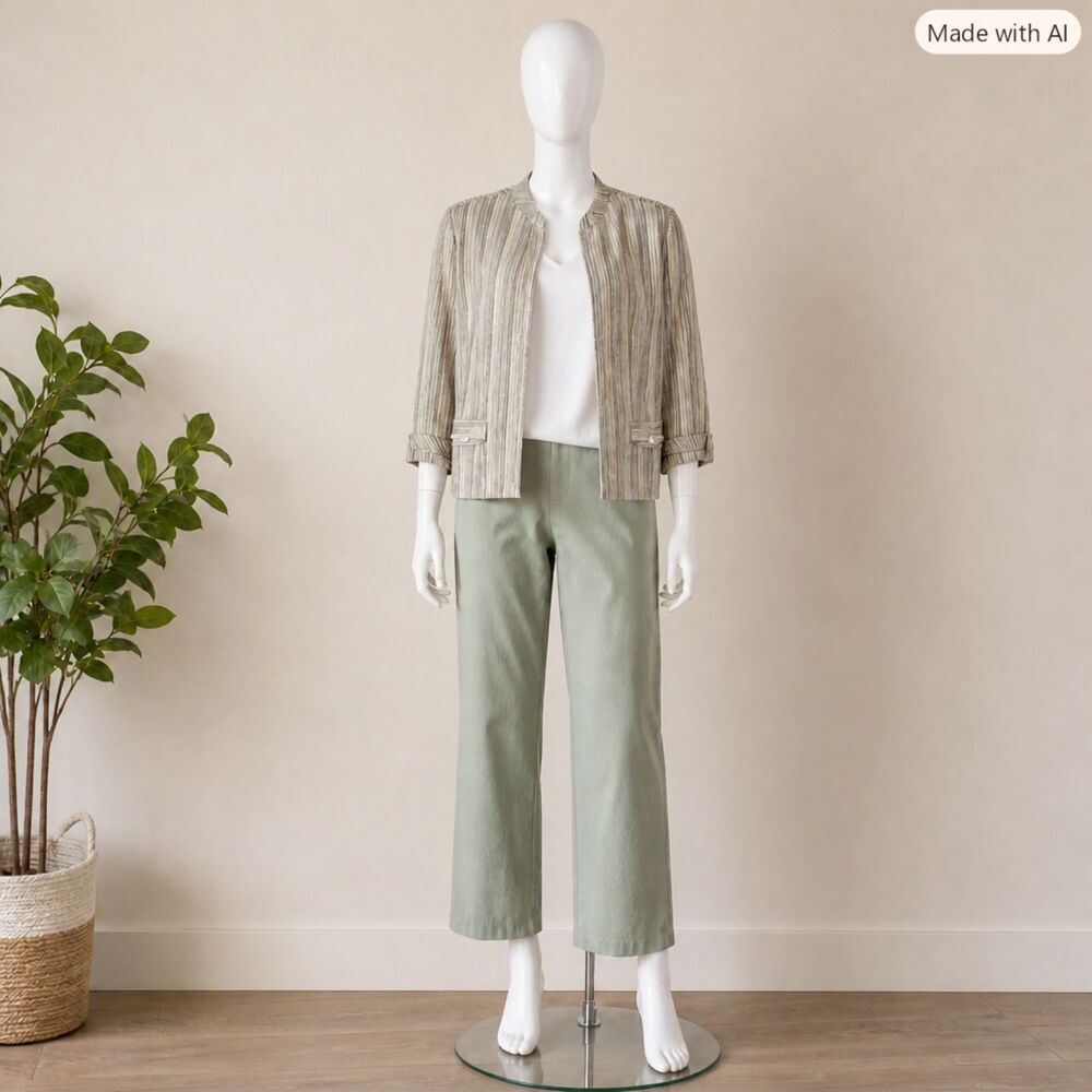 Dressbarn 3‑Piece Outfit — Sage Jacket, White Blouse, Sage Pants — Size 16 — EUC